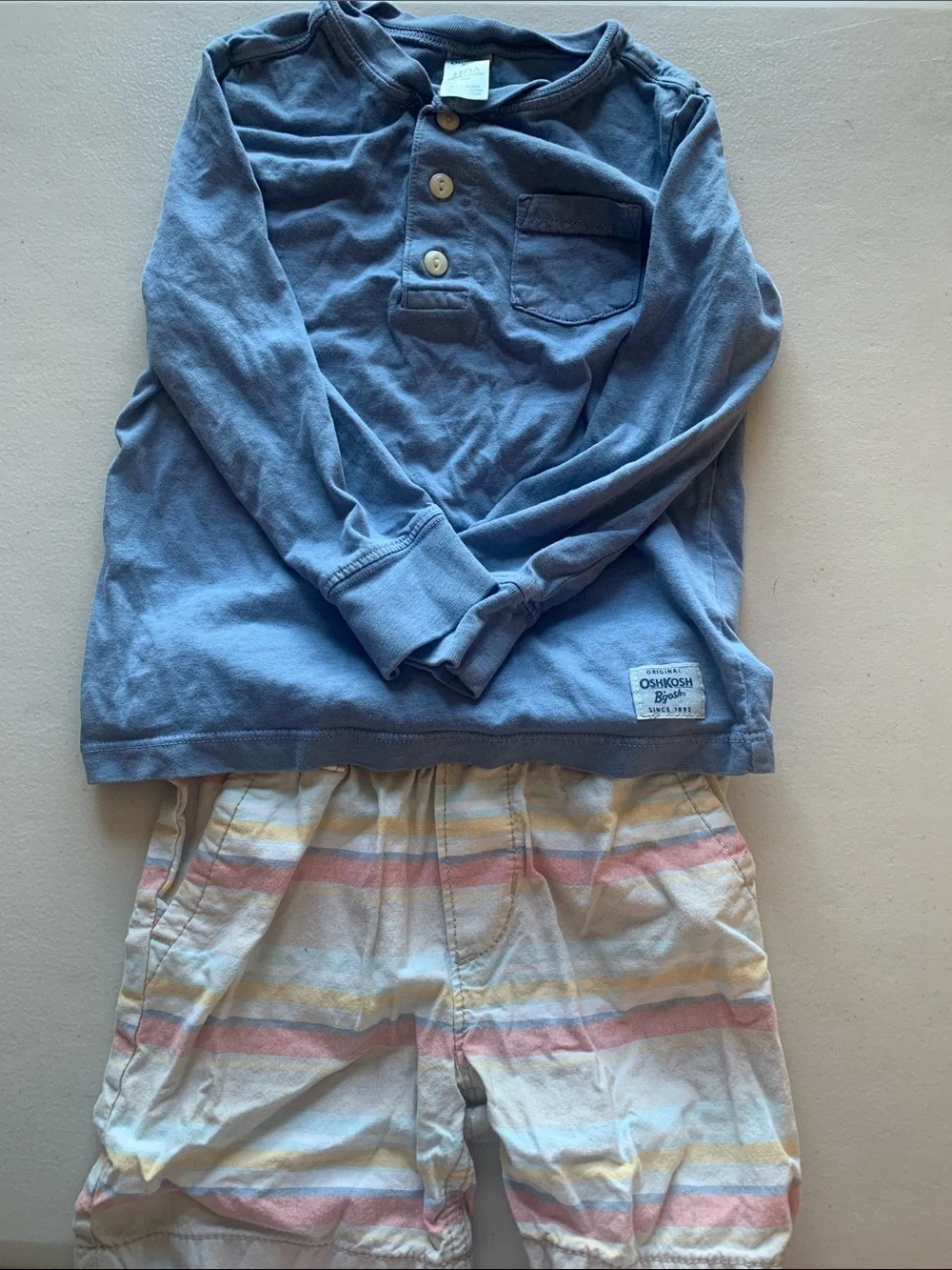 OshKosh B'gosh Dusty Blue Long-Sleeve Top with Pastel Striped Pajama Bottoms